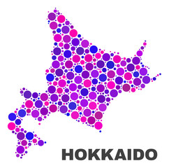 Mosaic Hokkaido map isolated on a white background. Vector geographic abstraction in pink and violet colors. Mosaic of Hokkaido map combined of scattered circle points.