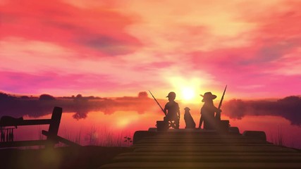 Wall Mural - Brother and sister catch fish on the lake at sunset