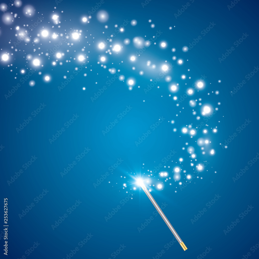 Magic wand vector background. Miracle magician wand magical stick with sparkle magic lights