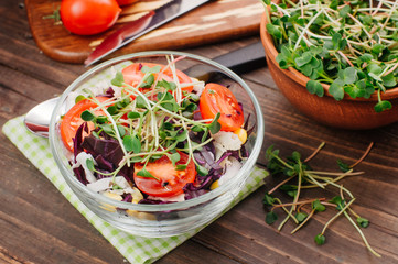 Wall Mural - Salad with red cabbage, radish sprouts, corn and tomatoes