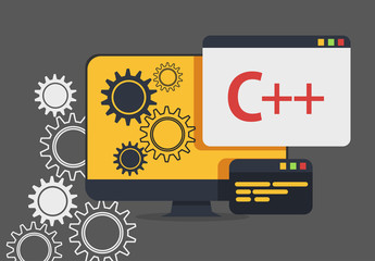Wall Mural - pc monitor with gears and c++ programing languag pop up