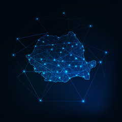 Wall Mural - Romania map glowing silhouette outline made of stars lines dots triangles, low polygonal shapes.