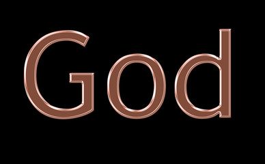 The word GOD in beautiful bronze metallic isolated on a black background