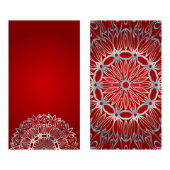 Design Vintage Cards With Floral Mandala Pattern And Ornaments. Vector Illustatration. The Front And Rear Side. Red silver color