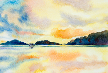 Watercolor painting seascape colorful sky.