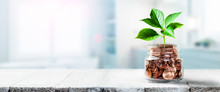 Plant Growing Out Of Coin Jar On Table In Office -  Investing / Business Success Concept
