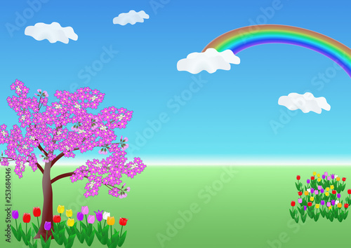 花のある風景 春 チューリップと桜と虹 Stock イラスト Adobe Stock 花のある風景 春 チューリップと桜と虹 Stock イラスト Adobe Stock