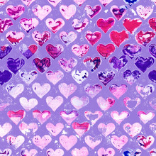 Purple Seamless Painted Analog Heart Print Pattern. Vintage Colors.