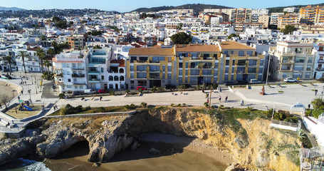 Sitges. Aerial view by Drone of coastal village in Barcelona. Spain