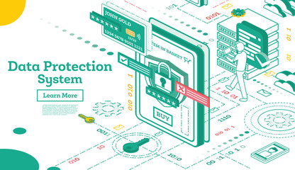 Data Protection System Isometric. Cyber Security and Privacy. Traffic Encryption. VPN.