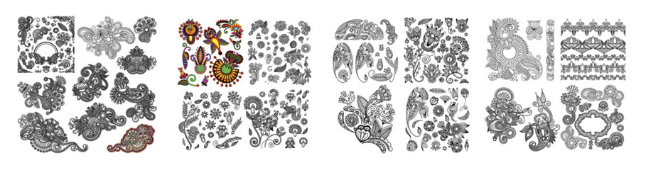 black line art ornate flower design collection, ukrainian