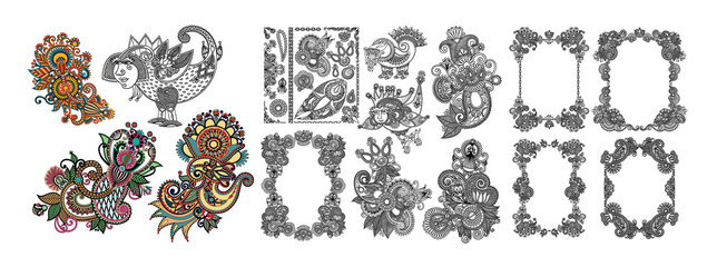 Sticker - black line art ornate flower design collection, ukrainian