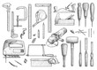 Carpentry, industrial tool, illustration, drawing, engraving, ink, line art, vector