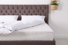 Comfortable Bed With New Mattress In Room. Healthy Sleep