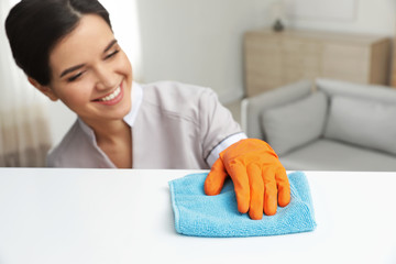 Sticker - Young maid dusting furniture with rag in hotel room