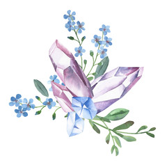 Watercolor bouquet of jewel crystal and forget-me-not isolate in white background.