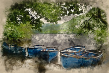 Watercolour Painting Of Old Fashioned Retro Style Rowing Boats On Shore Of Lake In Summer