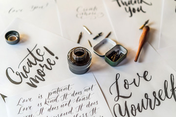 paper, ink, calligraphy pens and inscriptions. lettering workshop details. inscribing ornamental dec