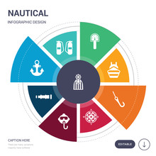 Set Of 9 Simple Nautical Vector Icons. Contains Such As Afterdeck, Air Tank, Anchor, Antique Telescope, Aqualung, Azimuth Compass, Bait Icons And Others. Editable Infographics Design