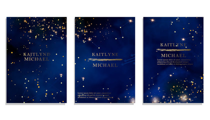 magic night dark blue sky with sparkling stars vector wedding invitation. andromeda galaxy. gold gli