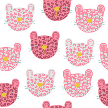 Seamless Pattern With Funny Pink Leopard. Kids Trendy Print. Vector Hand Drawn Illustration.