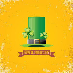 vector saint patricks day label with green hat and ribbon with text isolated on grunge orange background. saint patricks day poster or banner design template