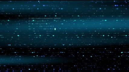 Digital display with information and computer code on dark background. Backdrop of internet content, business system and online search.