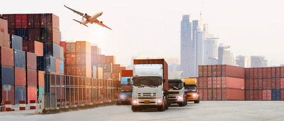  image of the logistics, there are container truck,  airplane for import export industry