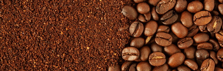 Wall Mural - dark roasted coffee beans and ground coffee powder closeup top view