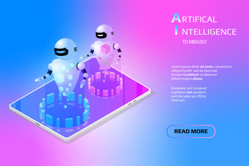Poster - Isometric AI Element Mobile Device Security Communication Data Transfer Technology. Abstract Digital Robot Gadget For Webpage UI App Illustration