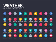 50 Weather Set Icons Such As Light Bolt, Lightning, Meteorology, Mist, Moonrise, New Moon, Night, Overcast, Patchy Fog. Simple Modern Isolated Vector Icons Can Be Use For Web Mobile