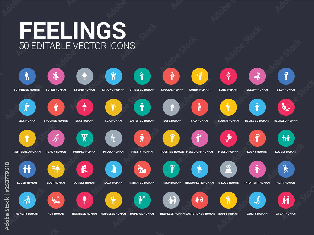 50 feelings set icons such as great human, guilty human, happy human, heartbroken helpless hopeful hopeless horrible hot simple modern isolated vector icons can be use for web mobile - obrazy, fototapety, plakaty 
