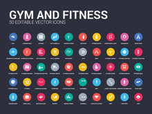 50 Gym And Fitness Set Icons Such As Abs, Anatomy, Arm, Athletic Strap, Barbell, Bench Press, Biceps, Bodybuilder, Bosu Ball. Simple Modern Isolated Vector Icons Can Be Use For Web Mobile