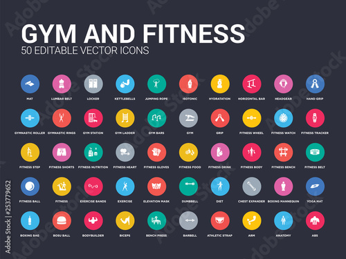 50 Gym And Fitness Set Icons Such As Abs Anatomy Arm Athletic