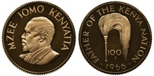 Kenya Kenyan Golden Coin 100 One Hundred Shillings 1966, Buts Of First President Jomo Kenyatta Left, Fly Whisk Above Value And Date, 