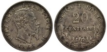 Italy Italian Silver Coin 20 Twenty Centesimi 1863, Head Of King Vittorio Emanuele II Right, Denomination In Center, Crossed Sprigs Below, 