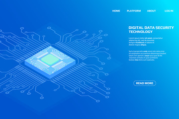 Poster - Digital Isometric CPU Microprocessor UI Security Storage System Data Access Protection Gadgets.Abstract Scifi Authentication Futuristic Circuit Board Panel Element Illustration Background.
