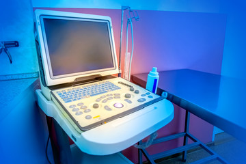 The ultrasound machine in the doctor's office. Ultrasound scanner. Sonograph. Ultrasound diagnosis. Medical equipment. Diagnostics with ultrasonic waves. Health care.