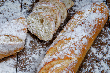 Fresh bread or french baguett and flour