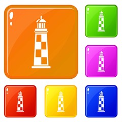 Sticker - Brick lighthouse icons set collection vector 6 color isolated on white background