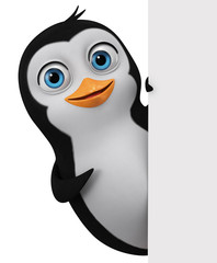 Wall Mural - Character cartoon penguin points to an empty board. 3d rendering. Illustration for advertising.