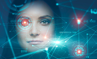 beautiful young brunette, binary code and hud