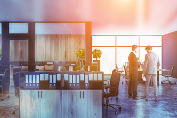 Men in gray and wooden open space office interior