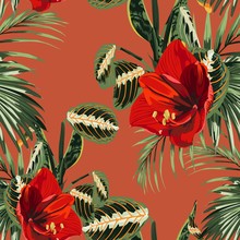 Seamless Pattern, Red Lilies Flowers And Tropical Plants And Leaves On Brown Background, Green, Red And Brown Tones.