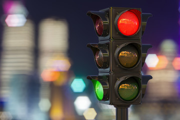 Traffic light closeup in the night city, 3D rendering