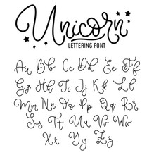 Unicorn Hand Drawn Font Design. Cute Alphabet With Flourish Details. Vector Unicorn Alphabet.