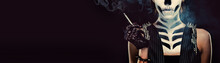Woman With Skeleton Face Art Smoking Panorama Over Black Background