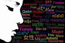Woman's Face Profile With The Word Woman Written In Several Languages ​​on A Black Background.