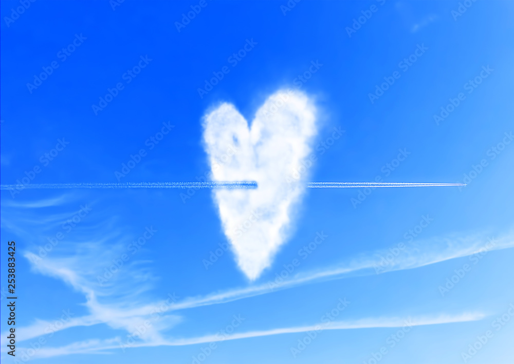 ハートの雲を突き抜けるひこうき雲 Stock Photo | Adobe Stock