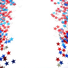 Red White Blue Shiny Confetti Stars On White Background, Isolate, Tricolor Concept, Independence And Freedom Day USA